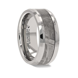 CELESTIAL Flat Tungsten Carbide Ring with Beveled Edges and Meteorite Inlay Thorsten - 8mm