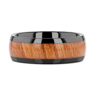 ODYSSEY Black Ceramic Wedding Band with Domed Polished Finish and Carpathian Elm Wood Inlay - 8mm