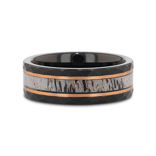 RUSTIC Black Tungsten Rose Hammered Ring with Antler Inlay - 8mm