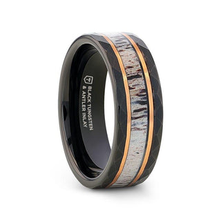 RUSTIC Black Tungsten Rose Hammered Ring with Antler Inlay - 8mm