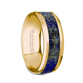 LAZARUS 14k Yellow Gold Polished Beveled Edges Men’s Wedding Ring with Blue Lapis Lazuli Inlay - 8mm