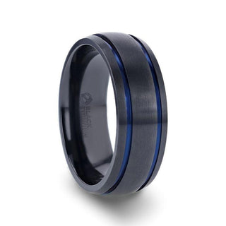 SHERIFF Domed Black Titanium Brushed Finish Men’s Wedding Ring with Blue Grooves – 8mm
