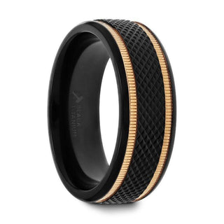 BAROQUE Black Titanium Diamond Pattern Brushed Finish Men’s Wedding Ring with Gold Milgrain Grooves – 8mm