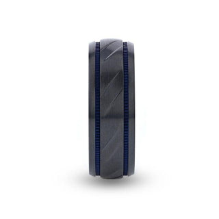PATROL Black Titanium Carved Diagonal Pattern Brushed Finish Men’s Wedding Ring with Blue Milgrain Grooves – 8mm