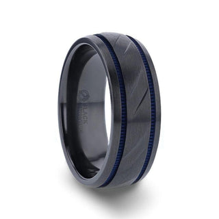PATROL Black Titanium Carved Diagonal Pattern Brushed Finish Men’s Wedding Ring with Blue Milgrain Grooves – 8mm