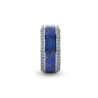 HYDRA Lapis Lazuli Inlaid Titanium Wedding Ring Polished Beveled Edges Set with Round Blue Diamonds - 10mm