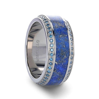 HYDRA Lapis Lazuli Inlaid Titanium Wedding Ring Polished Beveled Edges Set with Round Blue Diamonds - 10mm