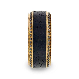 HYPERION Lava Inlaid 10K Yellow Gold Wedding Ring Polished Beveled Edges Set with Round Black Diamonds - 10mm