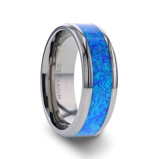 GALAXY Titanium Polished Beveled Edge with Blue Green Opal Inlay - 8mm
