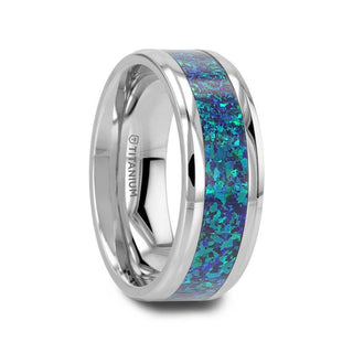 ANDROMEDA Titanium Polished Beveled Edge with Blue Green Opal Inlay - 8mm