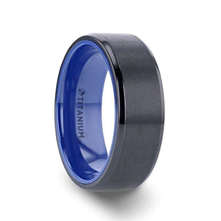 CASTOR Beveled Edges Black Titanium Ring with Brushed Center and Vibrant Blue Inside - 8mm