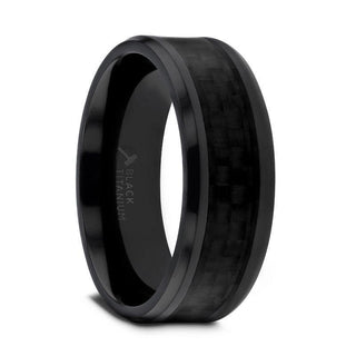 OXYN Black Titanium Polished Beveled Edges Black Carbon Fiber Inlaid Men’s Wedding Band - 6mm & 8mm