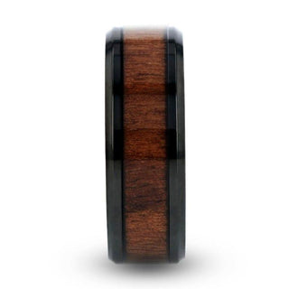 KONY Black Titanium Polished Beveled Edges Black Walnut Wood Inlaid Men’s Wedding Ring - 6mm & 8mm