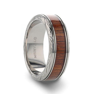 OHANA Koa Wood Inlaid Titanium Men’s Wedding Ring with Intricate Edges - 6mm - 10mm