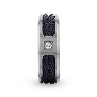 SECTOR Black Rope Cables Inlaid Brushed Finish Titanium Men's Wedding Ring with Diamond Centered And Beveled Polished Edges - 8mm