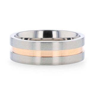MARS Titanium Flat Brushed Finished Men's Wedding Ring With Rose Gold Plated Groove Center - 8mm