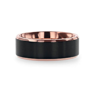 STEPHEN Rose Gold Plated Black Titanium Flat Brushed Center Men's Wedding Ring With Beveled Polished Edges - 6mm & 8mm