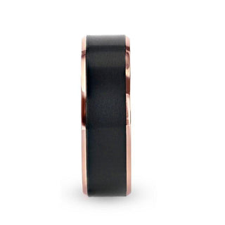 STEPHEN Rose Gold Plated Black Titanium Flat Brushed Center Men's Wedding Ring With Beveled Polished Edges - 6mm & 8mm