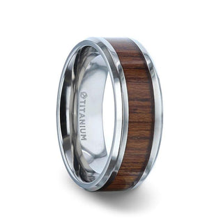 TECTON Teak Wood Inlaid Flat Polished Finish Titanium Men's Wedding Ring With Beveled Edges - 8mm