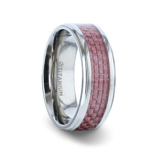 DOMINIQUE Pink Carbon Fiber Inlaid Titanium Flat Polished Finish Ring Band With Beveled Edges - 8mm