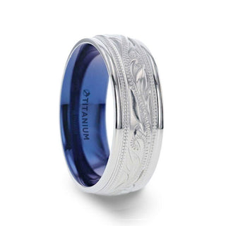 MARINER Titanium Milgrain Engraved Finish Men 's Wedding Ring with Blue Plating Inside- 8mm