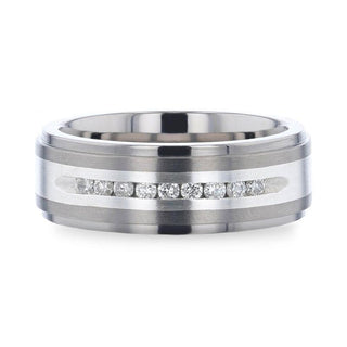 BOND Flat Brushed Silver Inlaid Titanium Men's Wedding Band With 9 Channel Set White Diamonds - 8mm