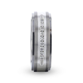 BOND Flat Brushed Silver Inlaid Titanium Men's Wedding Band With 9 Channel Set White Diamonds - 8mm