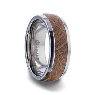 STAVE Whiskey Barrel Inlaid Titanium Men's Wedding Band With Domed Polished Edges Made From Genuine Whiskey Barrels - 8mm