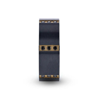 MURAMASA Flat Brushed Black Titanium Ring Gold Plated Inside with 6 Gold Plated Stainless Steel Bezels Triple Black Diamond Setting - 8mm