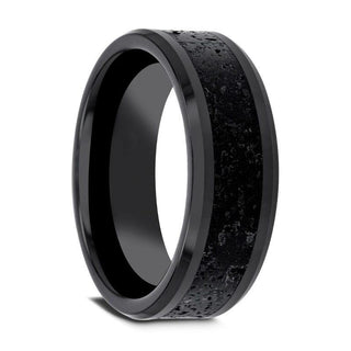 VESUVIUS Men’s Polished Black Ceramic Wedding Band with Black & Gray Lava Rock Stone Inlay & Polished Beveled Edges - 6mm & 8mm