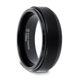REVOLVE Black Tungsten Brushed Finish Spinner Ring Polished Base Spinning Wedding Band - 6mm & 8mm