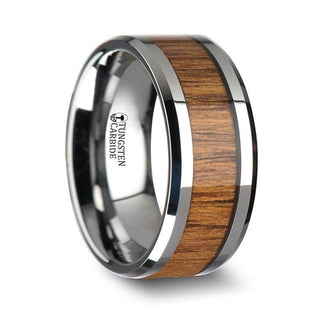 TEKKU Wood Tungsten Ring with Polished Bevels and Teak Wood Inlay - 10mm