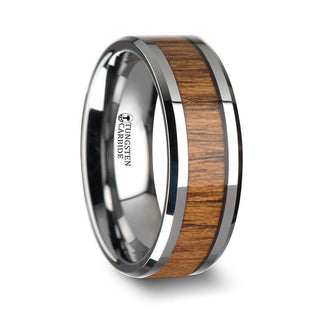 TEKKU Wood Tungsten Ring with Polished Bevels and Teak Wood Inlay - 10mm