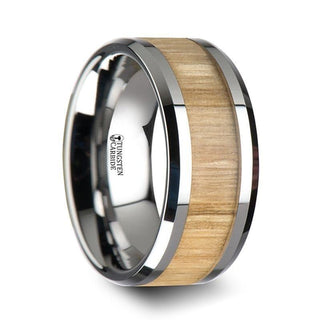 SAMARA Tungsten Ring with Polished Bevels and Real Wood Ash Wood Inlay - 10mm