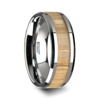 SAMARA Tungsten Ring with Polished Bevels and Real Wood Ash Wood Inlay - 10mm