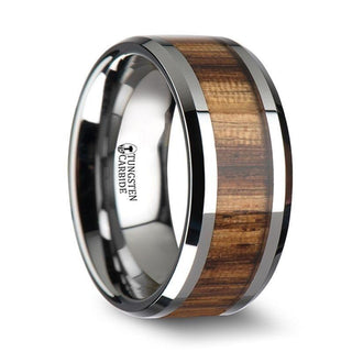 PALMALETTO Tungsten Carbide Ring with Beveled Edges and Real Zebra Wood Inlay - 10mm