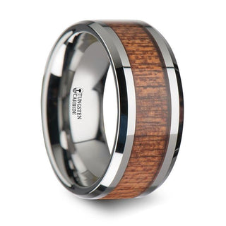 CONGO Tungsten Wedding Band with Polished Bevels and African Sapele Wood Inlay - 10 mm