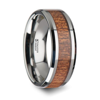 CONGO Tungsten Wedding Band with Polished Bevels and African Sapele Wood Inlay - 10 mm