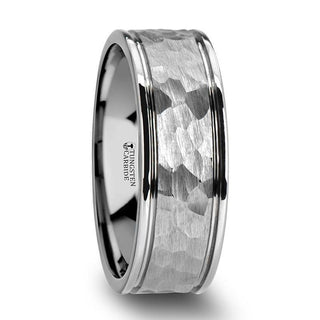 THORNTON Hammered Finish Center White Tungsten Carbide Wedding Band with Dual Offset Grooves and Polished Edges - 6mm & 8mm