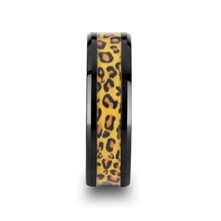 NAMIBIA Black Ceramic Wedding Band with Cheetah Print Animal Design Inlay - 6mm & 8mm