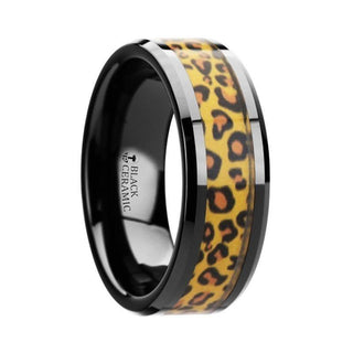 NAMIBIA Black Ceramic Wedding Band with Cheetah Print Animal Design Inlay - 6mm & 8mm