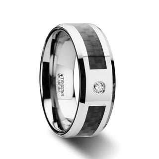 CAYMAN Tungsten Carbide Ring with Black Carbon Fiber and White Diamond Setting with Bevels - 8mm
