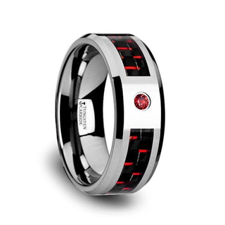 ADRIAN Tungsten Carbide Ring with Black and Red Carbon Fiber and Red Ruby Setting with Bevels - 8mm