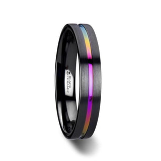 AZURE Flat Black Ceramic Ring Brushed with Rainbow Groove - 4mm - 8mm