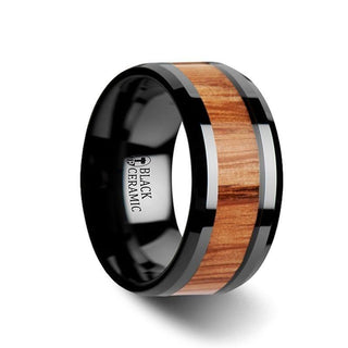 OBLIVION Red Oak Wood Inlaid Black Ceramic Ring with Bevels - 10mm