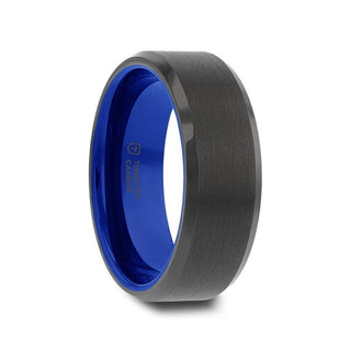 RIGEL Flat Beveled Edges Black Tungsten Ring with Brushed Center and Vibrant Blue Inside - 6mm & 8mm