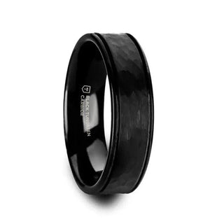 JOINER Hammered Finish Center Black Tungsten Carbide Wedding Band with Dual Offset Grooves and Polished Edges - 6mm or 8mm
