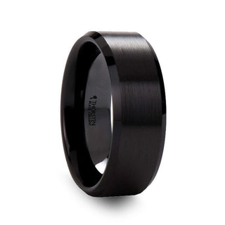 YORKSHIRE Brushed Finish Black Ceramic Wedding Band with Beveled Edges 6mm or 8mm