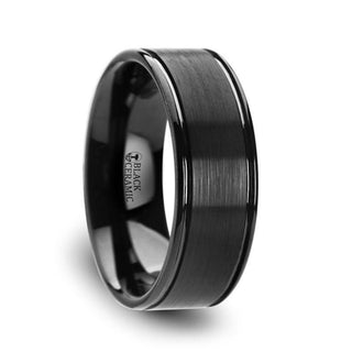 BLACKHEART Flat Brushed Finish Center Black Ceramic Wedding Band with Dual Offset Grooves and Polished Edges - 6mm or 8mm