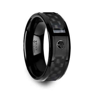 ABERDEEN Black Ceramic Ring with Black Diamond Wedding Band and Black Carbon Fiber Inlay - 8mm